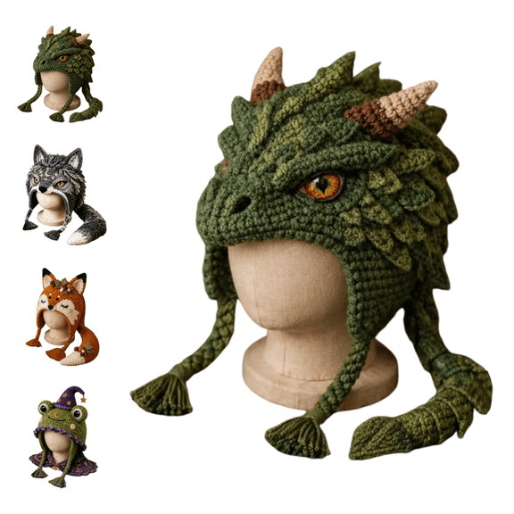 Fantasy Dragon Hood Hat DIY Crochet Kit Series, All-Inclusive Animal Ear Flap Beanie Craft Set, Step-by-Step Tutorial Yarn & Hook for Adult Beginner Handmade Hobby