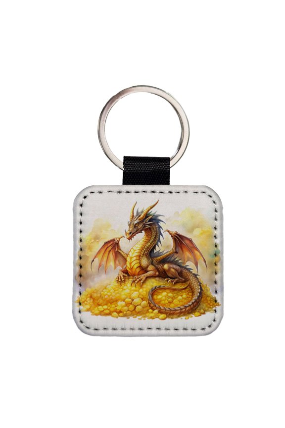 Fantasy Dragon Laying on Gold Watercolor Faux Leather Square Keychain
