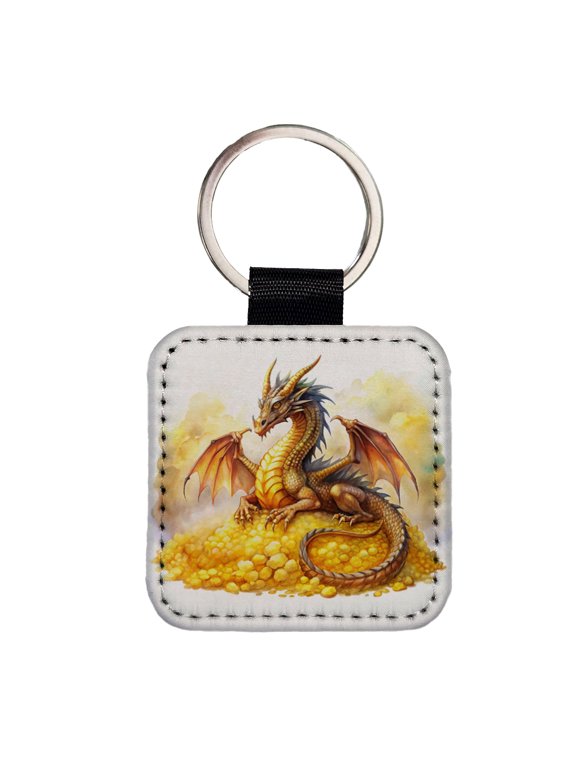 Fantasy Dragon Laying on Gold Watercolor Faux Leather Square Keychain