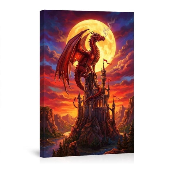 Fantasy Dragon Medieval Castle Full Moon Canvas