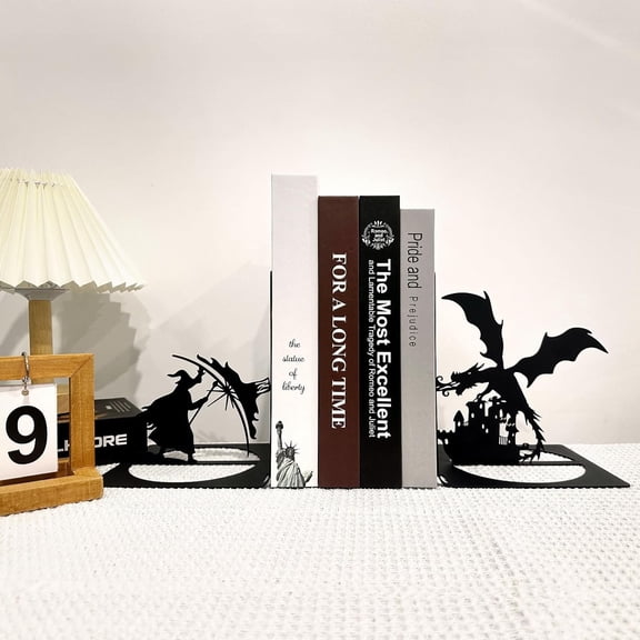 Fantasy Dragon Metal Bookends, Gothic Book Ends, Dragon Bookends, Wizard Bookend, Witch Bookshelf Decor, Book Organizer, Black Book Holders for Home Office