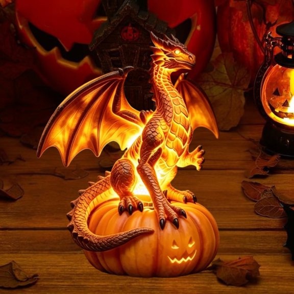 Fantasy Dragon Pumpkin Accent Light, Halloween Themed Illuminated Tabletop Statue, Gentle Warm LED Glow To Create Magical Atmosphere For Evening Family Gatherings
