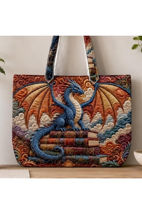 Fantasy Dragon Quilted Tote Bag, Personalized Book Lover Handbag, Magical Library Dragon Tote Gift for Fantasy Reader Women