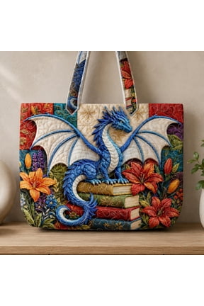 Fantasy Dragon Quilted Tote Bag, Personalized Floral Book Dragon Handbag, Magical Reader Tote Gift for Dragon Lover Women