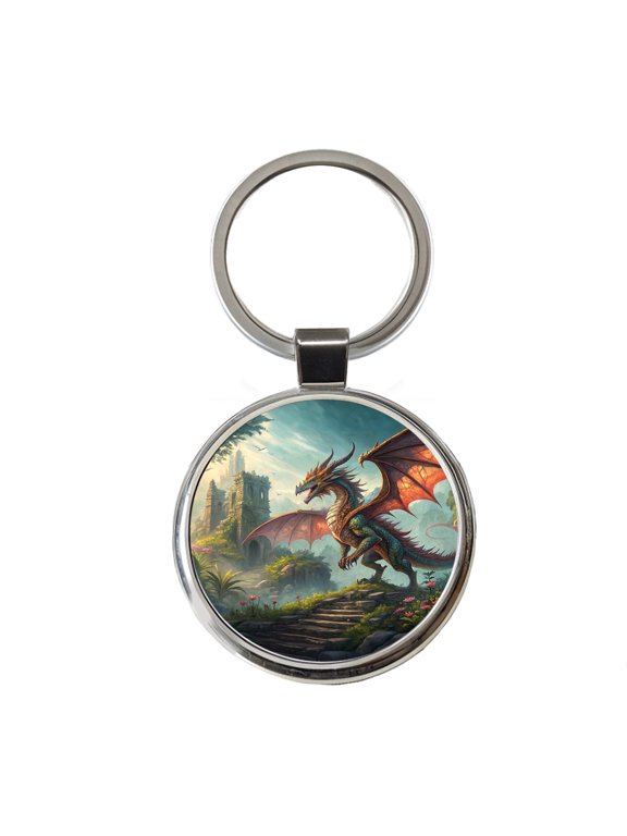 Fantasy Dragon Retro Pulp Magazine Illustration Metal Round Keychain