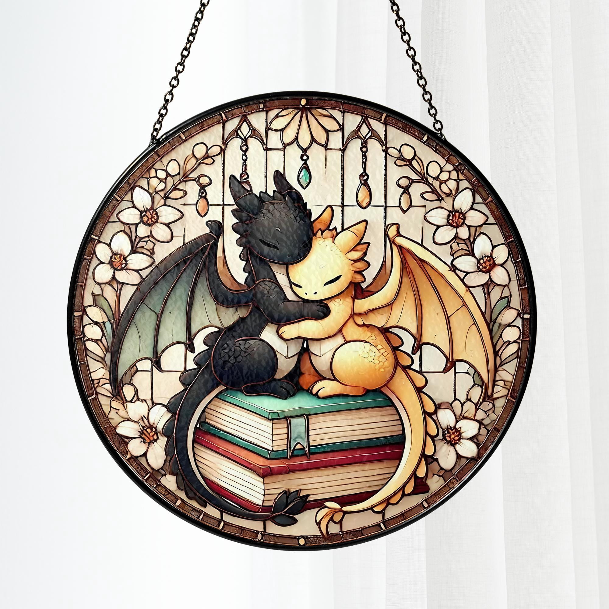 Bookworm Window Display Fantasy Dragon Stained Glass Suncatcher, 4 Winged Dragon Window Decor ...