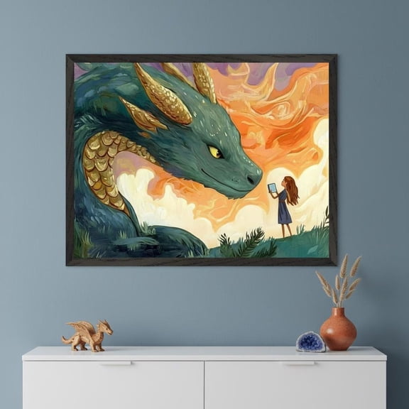 Fantasy Dragon Teal And Gold Scales Wall Art Mythical Creature Illustration Unframed Paper Print