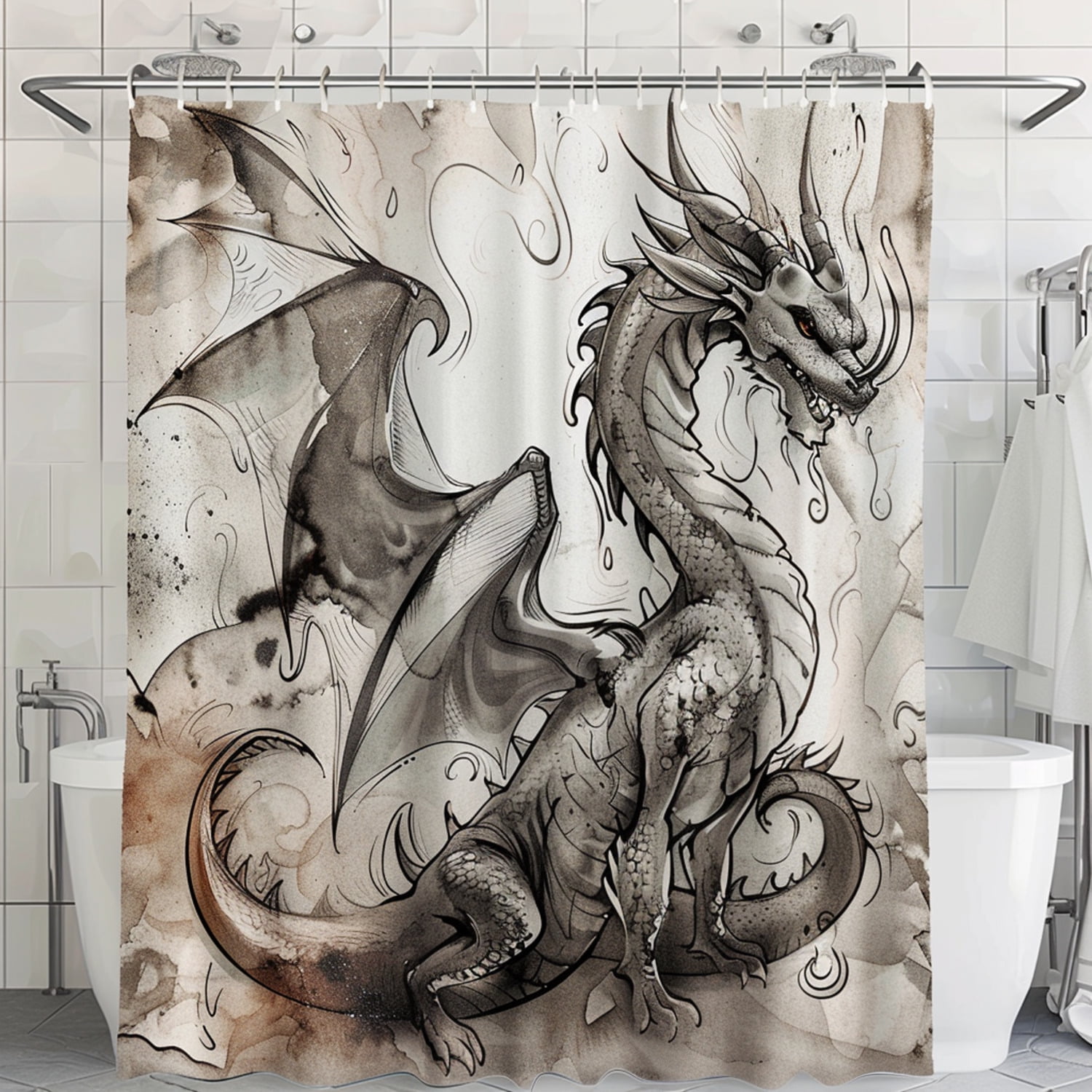 Fantasy Dragon TwoHeaded Ink Sketch Shower Curtain Gray and Brown