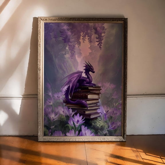 Fantasy Dragon Wall Art Print, Purple Floral Bookish Reading Room Decor
