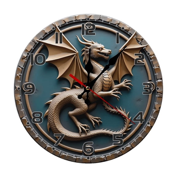 Fantasy Dragon Wall Clock 10 Inch Silent Non Ticking Round Wooden Clock Decoration for Living Room Kitchen Bedroom Bathroom Office Classroom