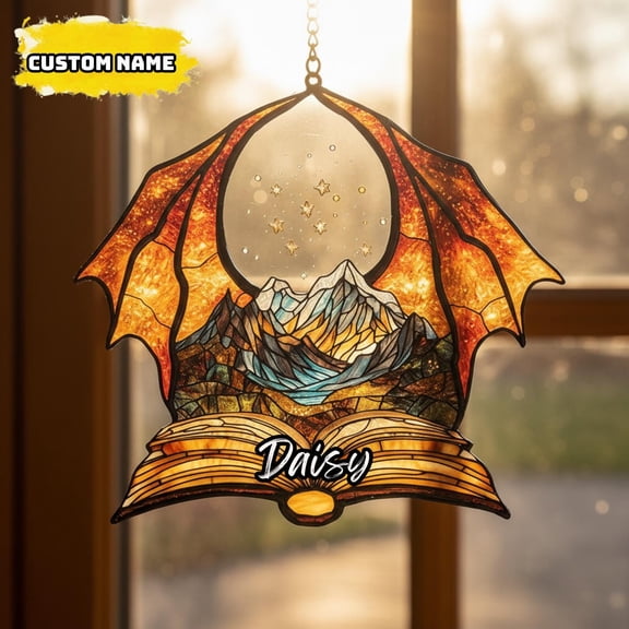 Fantasy Dragon Wing Acrylic Suncatcher Mountain Open Book Magical Story Window Hanging Decor Gift