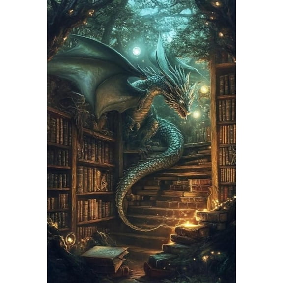 Fantasy Dragon in Library Square drill Diamond Painting Kit, Magical Forest Book Dragon Art for Adults
