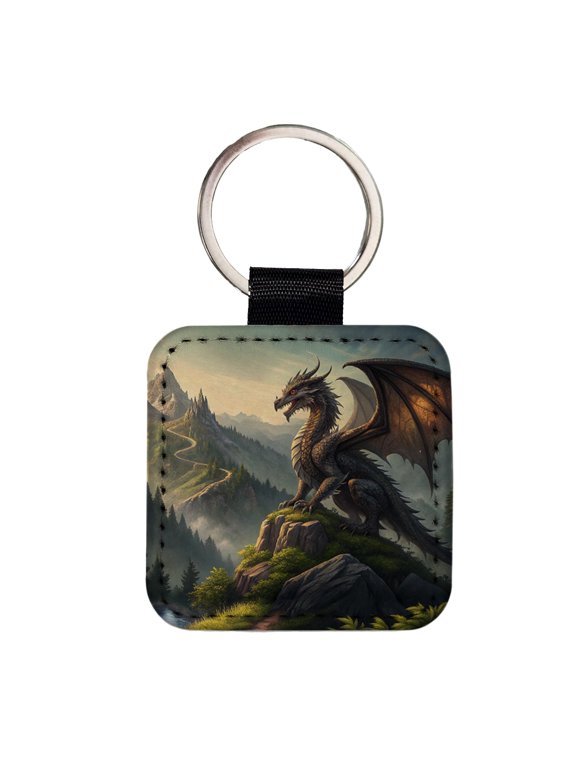 Fantasy Dragon on Mountain Illustration Faux Leather Square Keychain