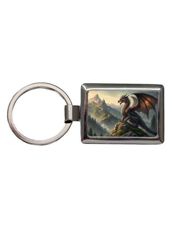 Fantasy Dragon on Mountain Illustration Metal Rectangle Keychain
