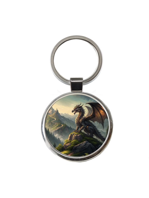 Fantasy Dragon on Mountain Illustration Metal Round Keychain