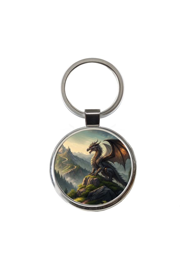 Fantasy Dragon on Mountain Illustration Metal Round Keychain