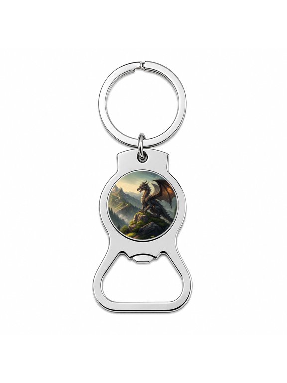 Fantasy Dragon on Mountain Illustration Portable Bottle Opener Metal Keychain