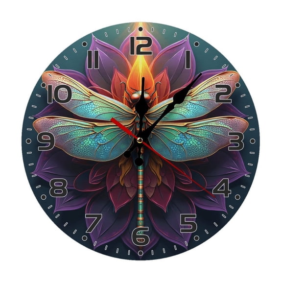 Fantasy Dragonfly Wall Clock 10 Inch Silent Non Ticking Round Clock Decoration for Living Room Kitchen Bedroom Bathroom Office Classroom