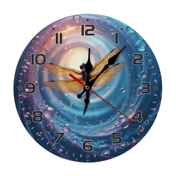 Fantasy Dragonfly Wall Clock 10 Inch Silent Non Ticking Round Wooden Clock Decoration for Living Room Kitchen Bedroom Bathroom Office Classroom
