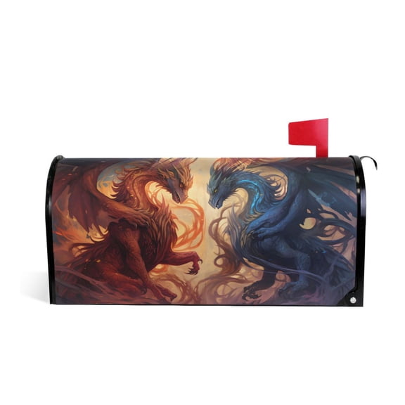 Fantasy Dragons Battle Mailbox Covers Magnetic Post Box Cover Wraps Standard Size 21"x18" Waterproof Home Garden Yard Outside Decor