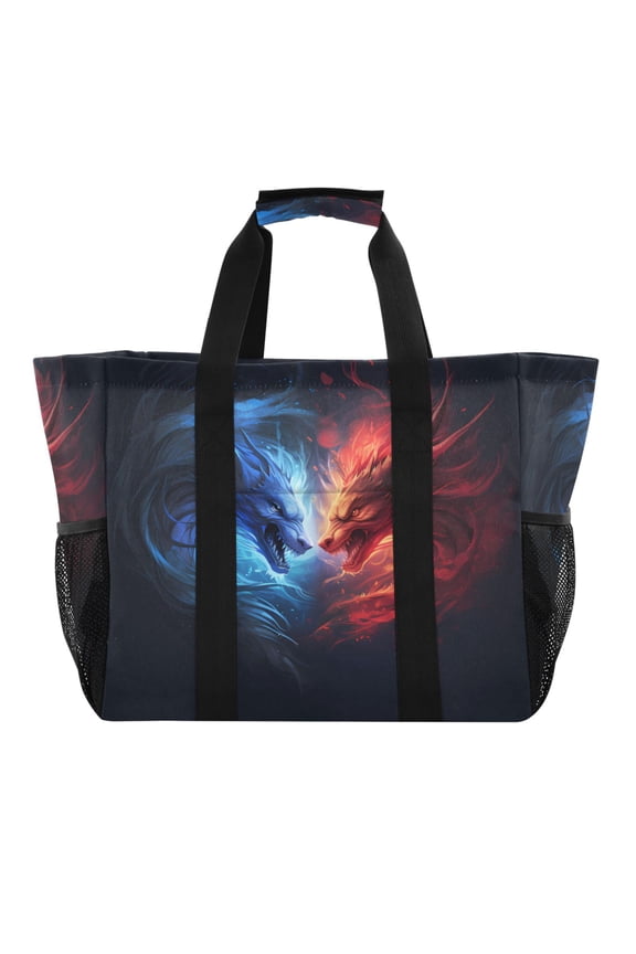 Fantasy Dragons Head Reusable Grocery Bags with Handle Side Pocket Waterproof Shopping Portable Tote
