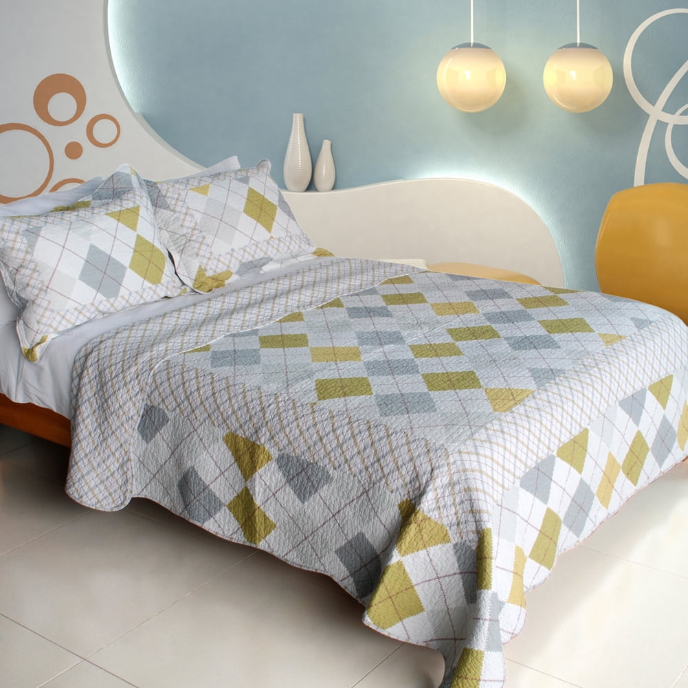 Fantasy Drift100% Cotton 3PC Vermicelli-Quilted Patchwork Quilt Set ...