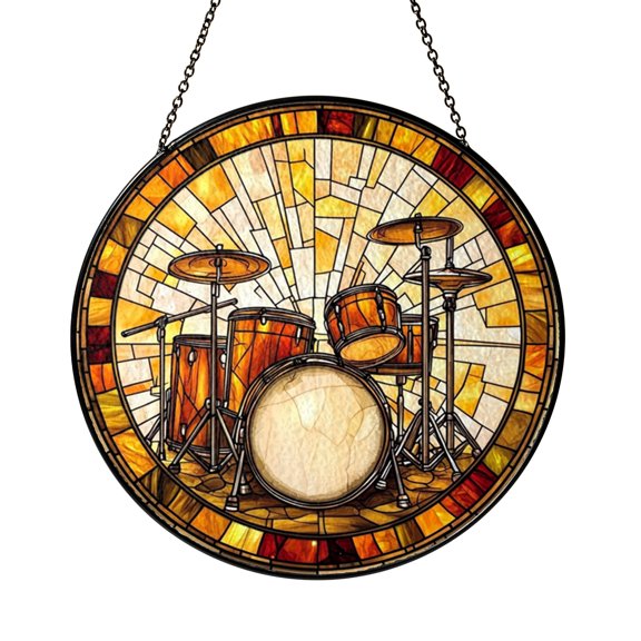 Fantasy Drum Set Stained Glass Window Decor – Handmade Music Studio Hanging Art