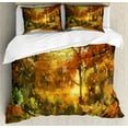 thumbnail image 1 of Fantasy Duvet Cover Set, Abstract Pathway in Autumn Forest with Shady Leaf of Deciduous Trees View Art, Decorative 3 Piece Bedding Set with 2 Pillow Shams, Queen Size, Orange Yellow, by Ambesonne, 1 of 3