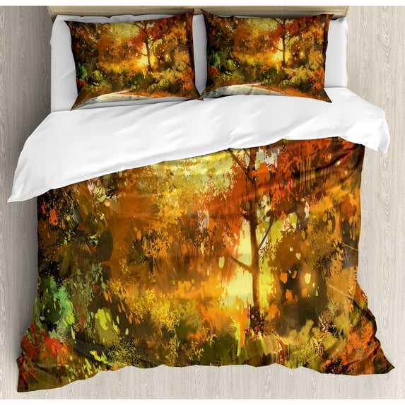 Fantasy Duvet Cover Set, Abstract Pathway in Autumn Forest with Shady Leaf of Deciduous Trees View Art, Decorative 3 Piece Bedding Set with 2 Pillow Shams, Queen Size, Orange Yellow, by Ambesonne