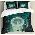 thumbnail image 1 of Fantasy Duvet Cover Set, Ball and Human Merging Building Dark Feeling Magic Featured Comics Fiction Art, Decorative 3 Piece Bedding Set with 2 Pillow Shams, Queen Size, Teal Black, by Ambesonne, 1 of 3