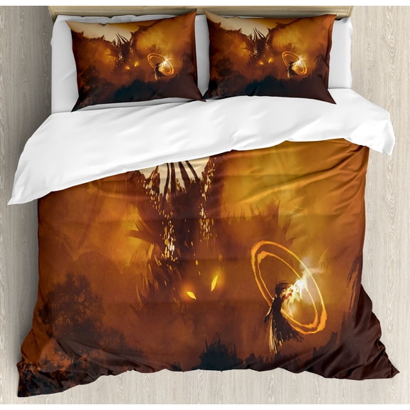 Fantasy Duvet Cover Set, Calling of the Dragon Magician for Evil Powers of the Universe Art Print, Decorative 3 Piece Bedding Set with 2 Pillow Shams, Queen Size, Orange Brown, by Ambesonne