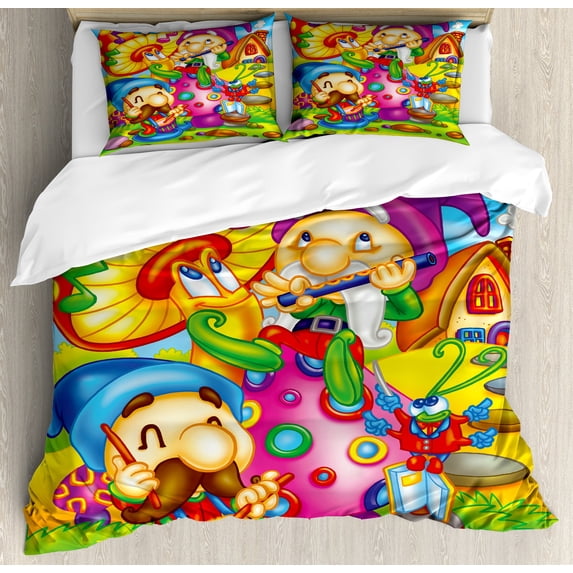 Fantasy Duvet Cover Set, Cartoon Singing Elves with Mushroom Playing Flute Musical Cheerful Illustration, Decorative 3 Piece Bedding Set with 2 Pillow Shams, Queen Size, Multicolor, by Ambesonne
