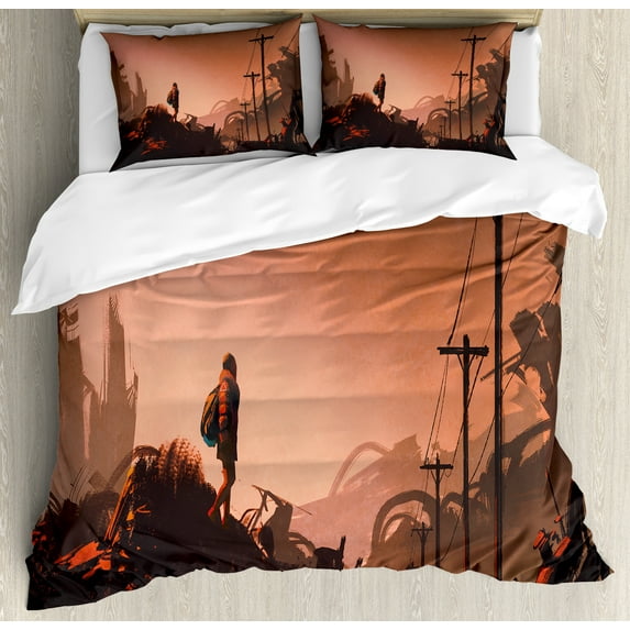 Fantasy Duvet Cover Set, Cartoon Woman Hiker Looks at the Abandoned Destroyed City Urban Lonely Person Image, Decorative 3 Piece Bedding Set with 2 Pillow Shams, Calking Size, Pink Red, by Ambesonne
