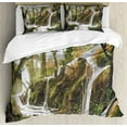 thumbnail image 1 of Fantasy Duvet Cover Set, Cascade Stream Flows into the Creek in a Realistic Way Secret Paradise Paint Print, Decorative 3 Piece Bedding Set with 2 Pillow Shams, King Size, White Brown, by Ambesonne, 1 of 3