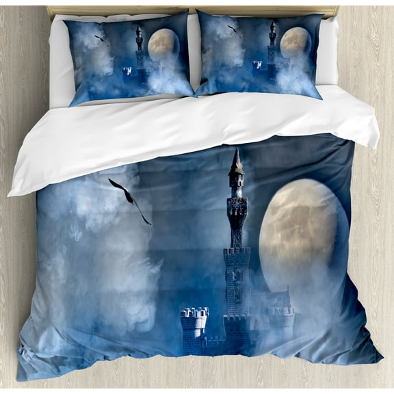 Fantasy Duvet Cover Set, Castle on Clouds at Moon Night Scary Gothic Fiction Medieval Themed Evil Graphic, Decorative 3 Piece Bedding Set with 2 Pillow Shams, Queen Size, Dark Blue, by Ambesonne