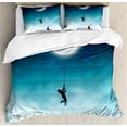 thumbnail image 1 of Fantasy Duvet Cover Set, Characters Climbing to the Moon and Sitting on Bench Love Romance Themed Art, Decorative 3 Piece Bedding Set with 2 Pillow Shams, King Size, White and Teal, by Ambesonne, 1 of 3