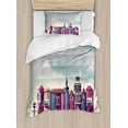 thumbnail image 1 of Fantasy Duvet Cover Set, City with Old Books Style Buildings Birds and Cloudy Sky Literature Cityscape, Decorative 2 Piece Bedding Set with 1 Pillow Shams, Twin Size, Red and Blue, by Ambesonne, 1 of 3
