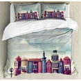 thumbnail image 1 of Fantasy Duvet Cover Set, City with Old Books Style Buildings Birds and Cloudy Sky Literature Cityscape, Decorative 3 Piece Bedding Set with 2 Pillow Shams, Queen Size, Red and Blue, by Ambesonne, 1 of 3