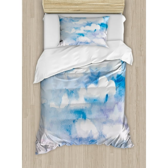 Fantasy Duvet Cover Set, Cloudy Sky View in Soft Pastel Tones Watercolor Blurry Serene Picture, Decorative 2 Piece Bedding Set with 1 Pillow Shams, Twin Size, Sky Blue White, by Ambesonne
