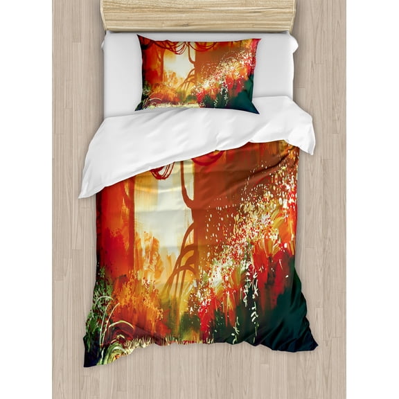 Fantasy Duvet Cover Set, Colorful Modern Autumn Forest with Blured Special Effects in Vivid Tones Design, Decorative 2 Piece Bedding Set with 1 Pillow Shams, Twin Size, Orange Green, by Ambesonne