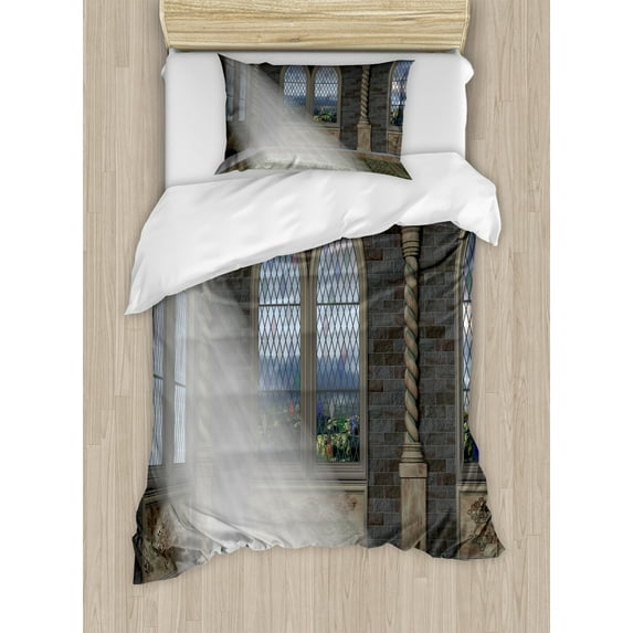 Fantasy Duvet Cover Set, Crepuscular Rays Streaming Through Stained Glass Window Palace Castle, Decorative 2 Piece Bedding Set with 1 Pillow Shams, Twin Size, Grey Cream White, by Ambesonne