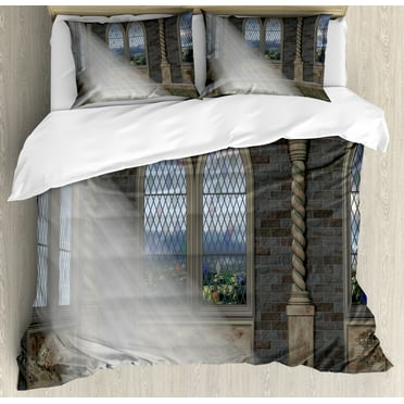 Fantasy Duvet Cover Set, Crepuscular Rays Streaming Through Stained Glass Window Palace Castle, Decorative 3 Piece Bedding Set with 2 Pillow Shams, Calking Size, Grey Cream White, by Ambesonne