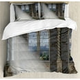thumbnail image 1 of Fantasy Duvet Cover Set, Crepuscular Rays Streaming Through Stained Glass Window Palace Castle, Decorative 3 Piece Bedding Set with 2 Pillow Shams, King Size, Grey Cream White, by Ambesonne, 1 of 3
