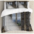 thumbnail image 1 of Fantasy Duvet Cover Set, Crepuscular Rays Streaming Through Stained Glass Window Palace Castle, Decorative 3 Piece Bedding Set with 2 Pillow Shams, Queen Size, Grey Cream White, by Ambesonne, 1 of 3