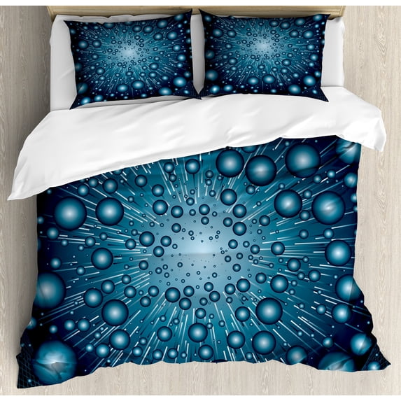 Fantasy Duvet Cover Set, Digital Computer Art Futuristic Dots Circular Spots Galaxy Energy Illustration, Decorative 3 Piece Bedding Set with 2 Pillow Shams, Queen Size, Petrol Blue, by Ambesonne