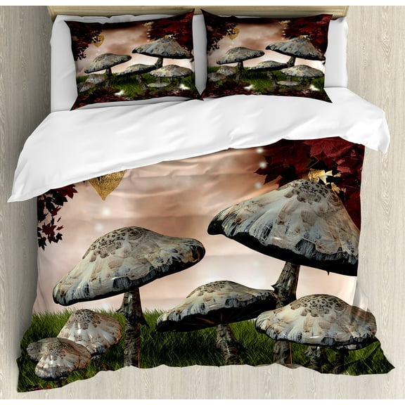 Fantasy Duvet Cover Set, Enchanted Forest Scenery with Mushrooms and Fairies Dark Image, Decorative 3 Piece Bedding Set with 2 Pillow Shams, King Size, Maroon Grey, by Ambesonne