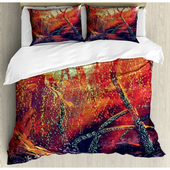 Fantasy Duvet Cover Set, Fall Autumn Scenery in Habitat Woodland Imaginitive Fiction View, Decorative 3 Piece Bedding Set with 2 Pillow Shams, Queen Size, Orange Purple, by Ambesonne