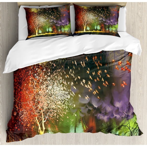 Fantasy Duvet Cover Set, Forest with Mysterious Trees and Birds Supernatural Vivid Wonder World, Decorative 3 Piece Bedding Set with 2 Pillow Shams, Calking Size, Yellow Purple, by Ambesonne
