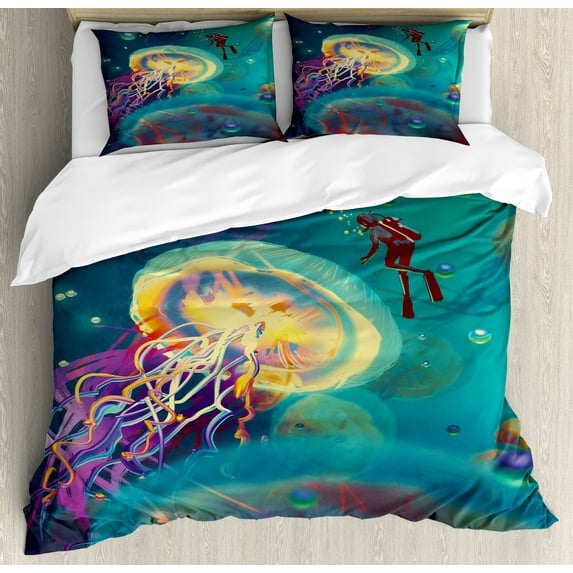Fantasy Duvet Cover Set, Giant Jellyfish and Diver in the Sea Underwater Submarine Aquatic Art Print, Decorative 3 Piece Bedding Set with 2 Pillow Shams, Calking Size, Teal Purple, by Ambesonne