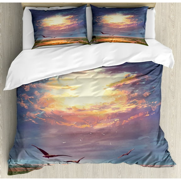 Fantasy Duvet Cover Set, Golden Yellow Beams Break Through Storm Clouds Skyline Flying Gulls Nature Imagery, Decorative 3 Piece Bedding Set with 2 Pillow Shams, King Size, Blue Orange, by Ambesonne